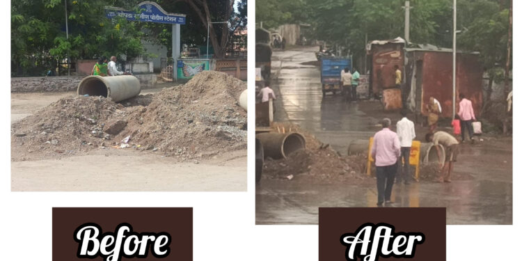 भररस्त्यावरील वाहतुक अडथळा दूर होणार केव्हा?; शहरवासियांचा सवाल!!            लोकप्रवाहच्या पाठपुराव्याने अवघ्या काही मिनिटात खोदकामाभोवती लागले बॕरीकेटस!!